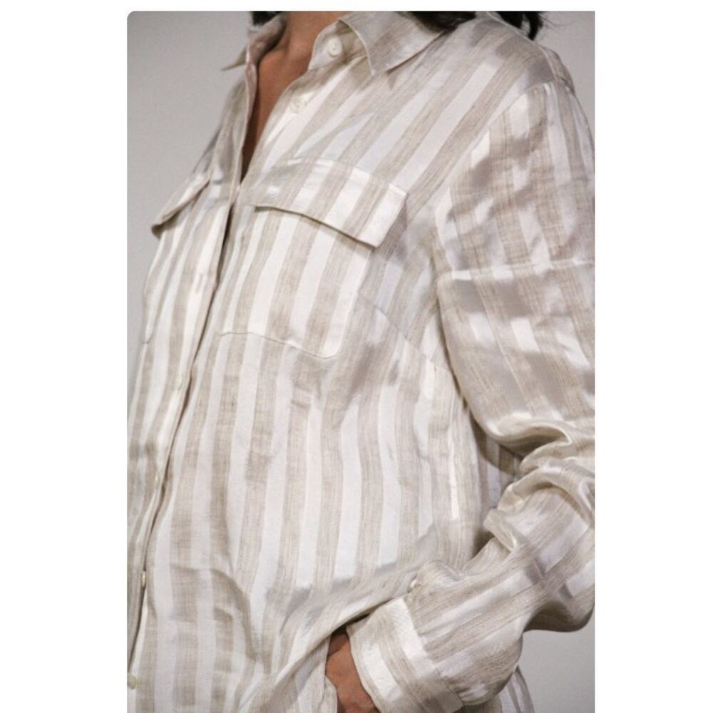 Worth Womens Linen Blend Blouse Medium Neutral Stripe Button Up Top Minimalist